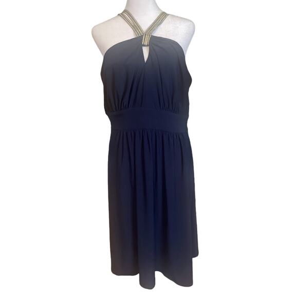 B. Smart Navy Gold Trim Halter Neck Dress Size 14W - Picture 1 of 5